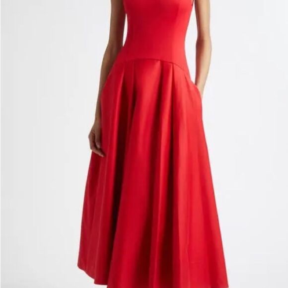 Alice + Olivia Adley Drop Waist Midi Dress Bright Ruby Red Women’s Size US 4 (S) - Picture 6 of 14